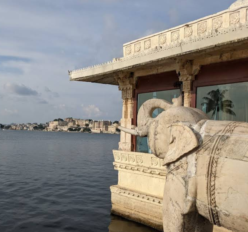 Marble elephant statues guarding Jag Mandir entrance Marble elephant statues guarding Jag Mandir entrance